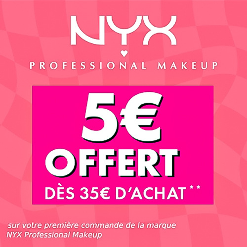 <div align="center" style="color:#000000;">
  <p>
    <strong>5€ offert dès 35€ d'achat</strong>
    <br>
   sur votre première commande dans la marque NYX PROFESSIONAL MAKEUP**
    <br>
    <strong>CODE : NYX05</strong> 
    <br>
    
  </p>
</div>